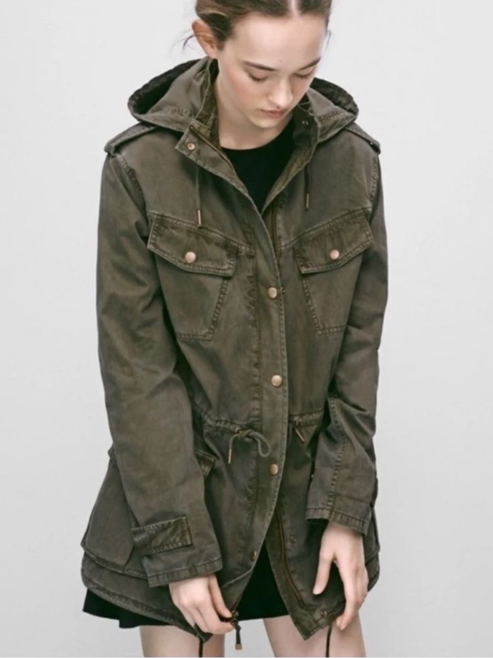 Talula Aritzia Olive Green Hooded Utility Military Jacket Size Medium